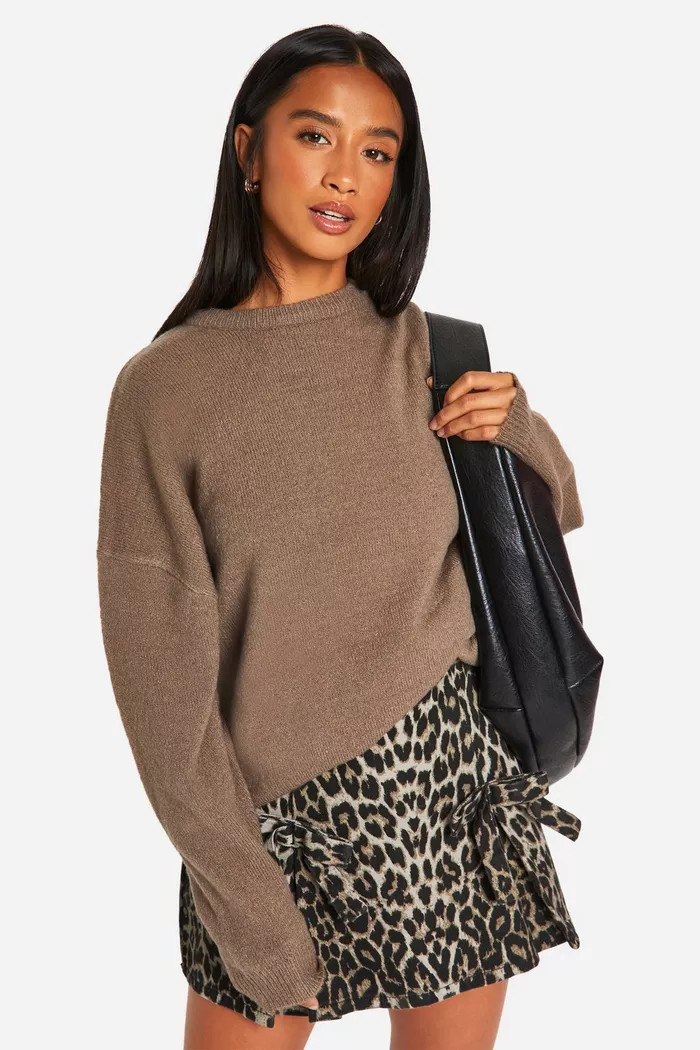 Petite Soft Knit Crew Neck Longline Jumper | Boohoo.com (UK & IE)