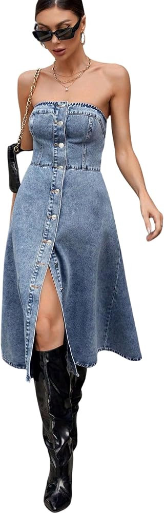 utcoco Women's Stretch Strapless Denim Tube Dress Button Down Sleeveless A Line Swing Jean Dress ... | Amazon (US)