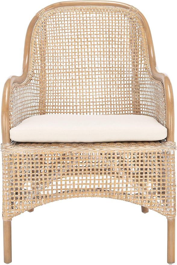 Safavieh Home Collection Charlie Grey Wash Rattan Cushion Accent Chair, Dark Natural/White | Amazon (US)