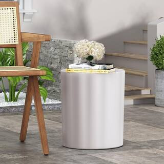 Harper & Bright Designs Antique White Round Lightweight Concrete Outdoor Side Table with Fluted C... | The Home Depot