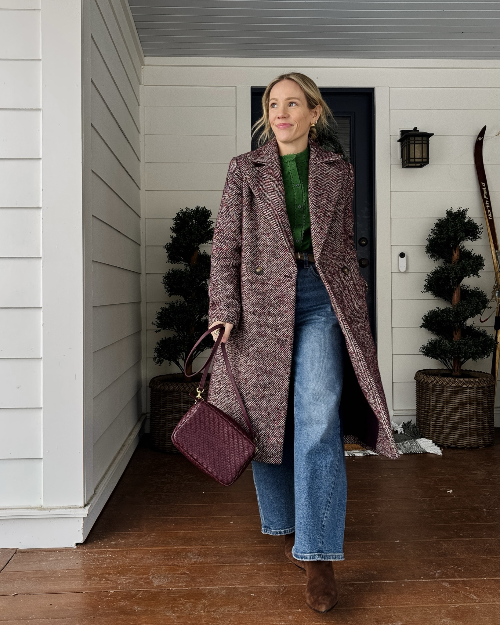 Wearing my regular size 4 in Boden top, regular size in Pistola jeans, sized down to xs in Ann Taylor coat, Clare V Marisol bag in Burgundy, J.Crew ankle boots are true to size ~ xo, Claire

#LTKSaleAlert #LTKOver40 #LTKHoliday
