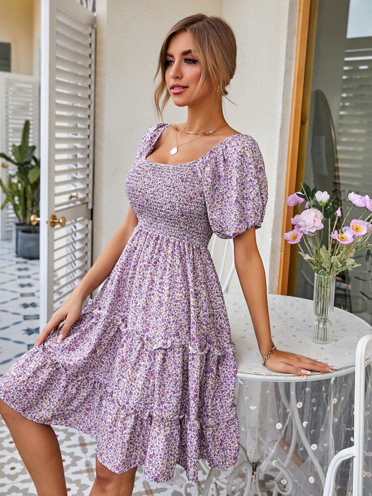 Ditsy Floral Shirred Frill Milkmaid Dress | SHEIN