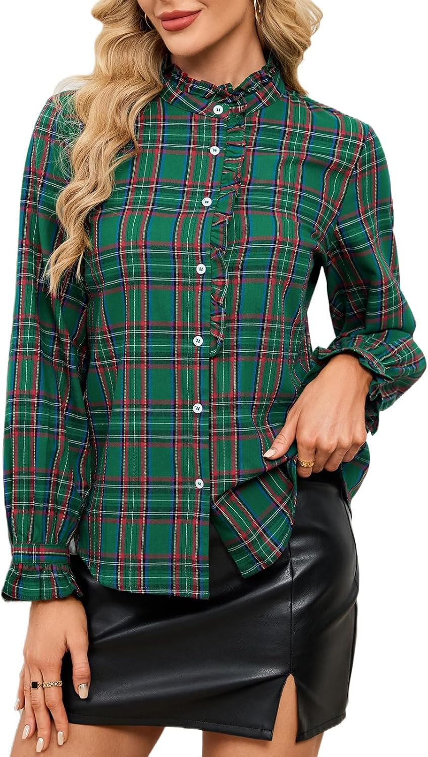 Womens Long Sleeve Plaid Shirt Ruffled Collar Casual Tops Button Down Lightweight Blouse | Amazon (US)