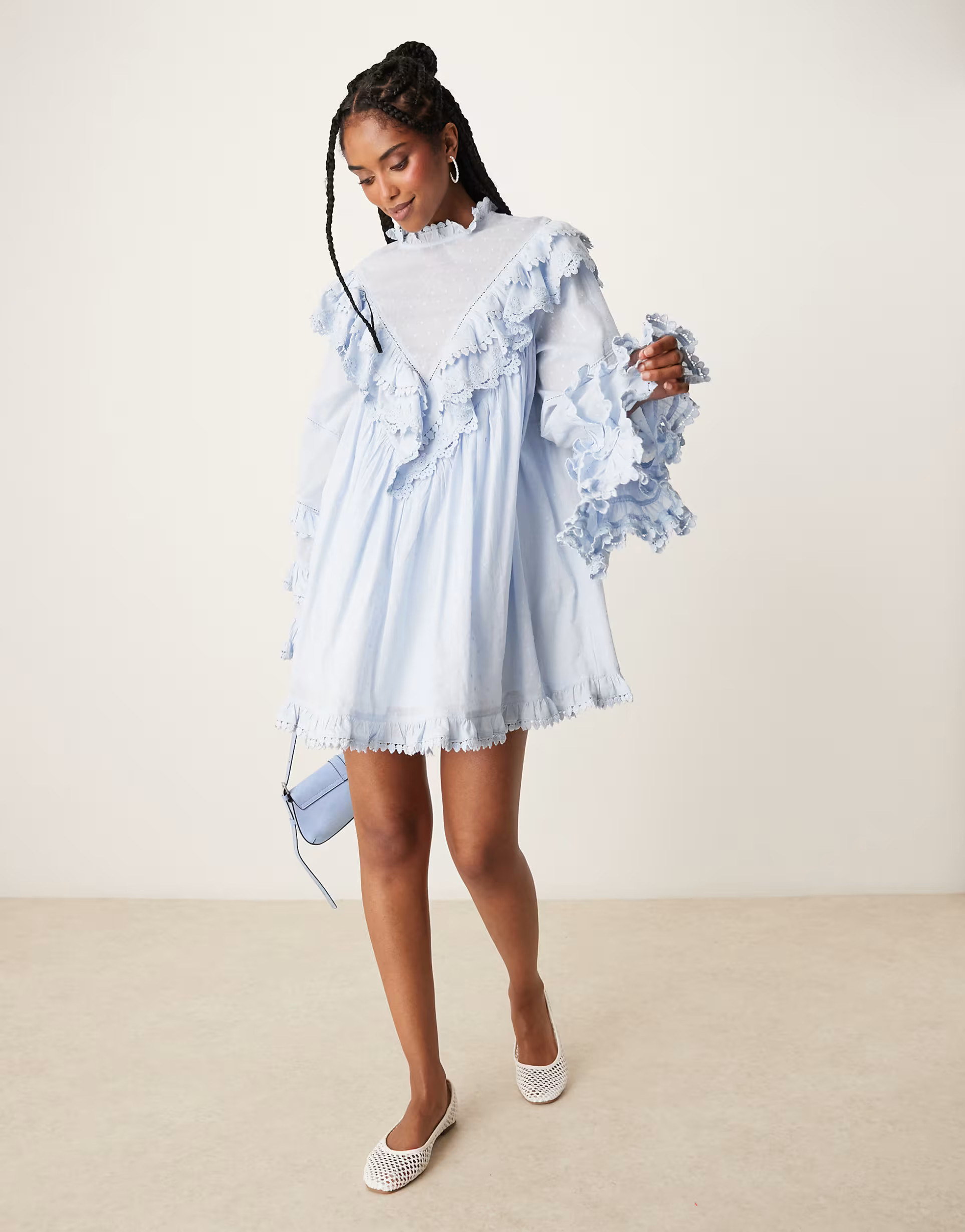 ASOS DESIGN high neck mini dress with angled frills in soft blue | ASOS (Global)