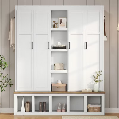 Whisen Farmhouse 4-in-1 Hall Tree, 6 Hanging Hooks, Bench with Open Compartments, Entryway Shoe Cabinet - White | Target