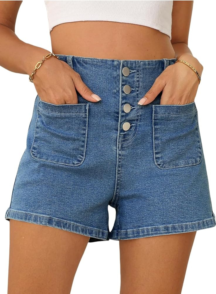 Sidefeel Women's Jean Shorts Button Fly Stretchy High Waisted Zimbaplatinum Jeans Summer Outfit 2... | Amazon (US)