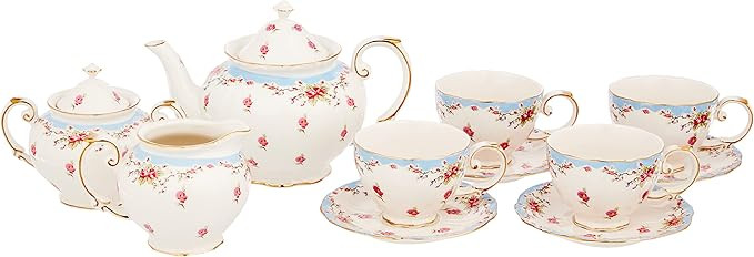 Gracie China by Coastline Imports Vintage Blue Rose Porcelain 11-Piece Tea Set, Blue | Amazon (US)