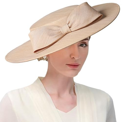 Wide Brim Hats for Women Big Bowknot Formal Occasion Kentucky Cap Lady Wedding Cocktail Party Flat Top Fedoras Khaki | Amazon (US)