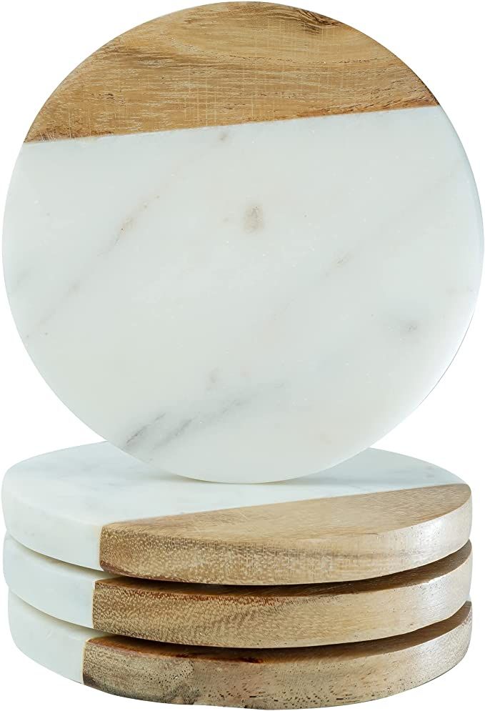 Crocon Marble & Wooden Coaster Set Round Shape Coaster For Dining Table Kitchen Decor Alabaster M... | Amazon (US)