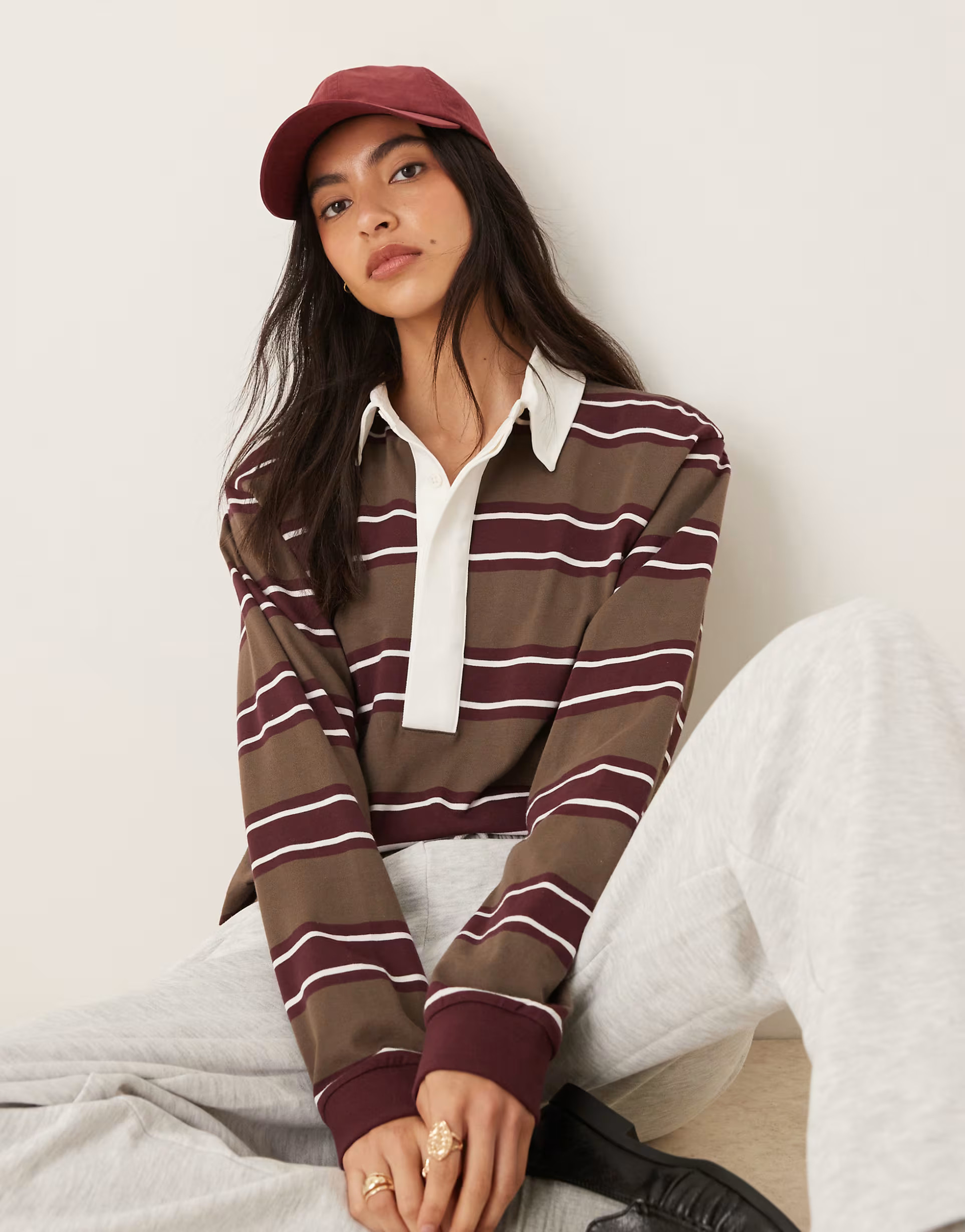 ASOS DESIGN oversized rugby shirt in khaki stripe | ASOS (Global)