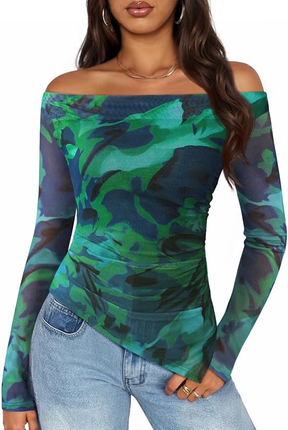 ZESICA Floral Mesh Off Shoulder Long Sleeve Tops for Women 2026 Y2k Double Lined Sheer Spring Goi... | Amazon (US)
