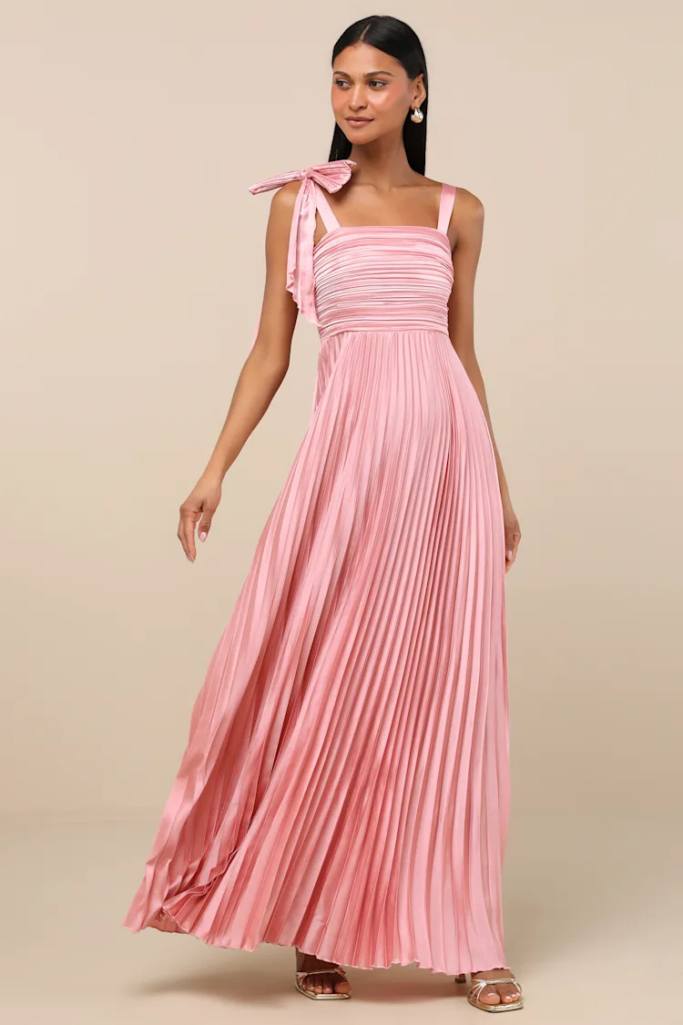 Gorgeous Purpose Pink Satin Pleated Sleeveless Bow Maxi Dress | Lulus