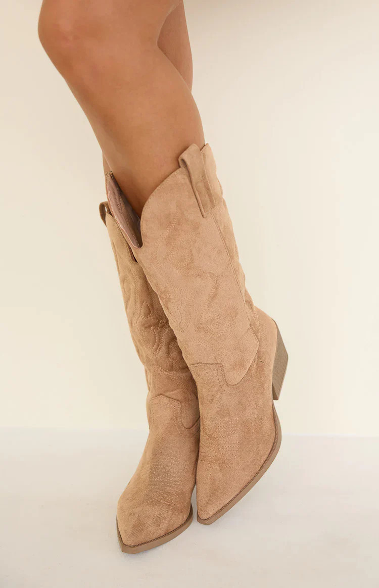 Kelly Camel Suedette Cowboy Boots | Beginning Boutique (US)