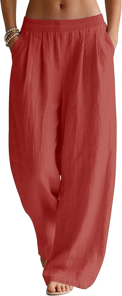 LOMON Linen Pants Women Wide Leg Palazzo Summer Flowy Pants Beach Vacation Clothes Elastic Waist ... | Amazon (US)