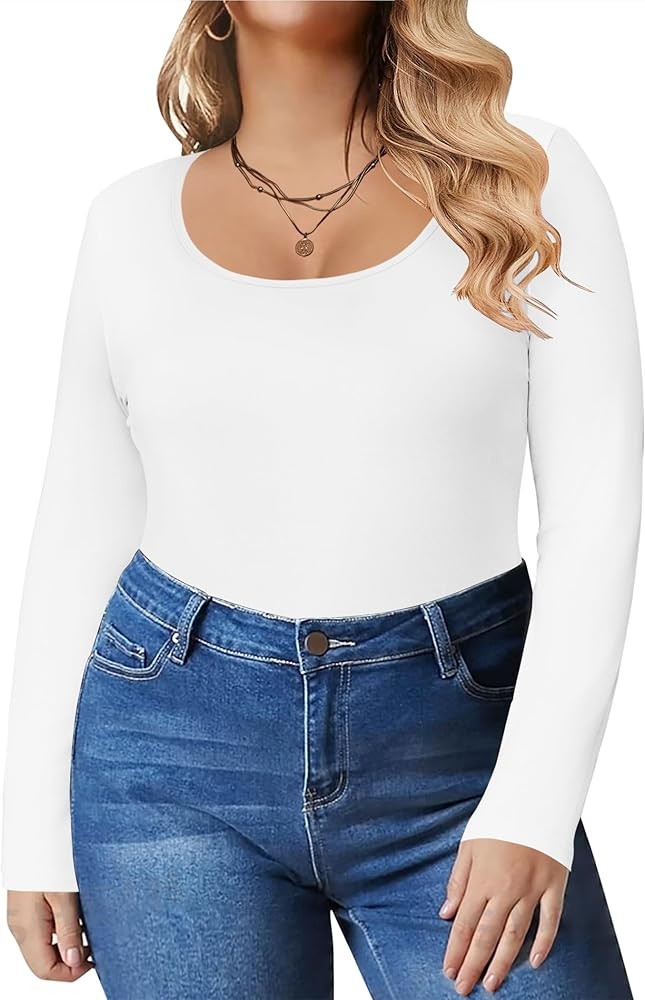 IN'VOLAND Women's Plus Size Long Sleeve Shirts Scoop Neck Slim Fitted T Shirt Stretchy Bodycon Ba... | Amazon (US)