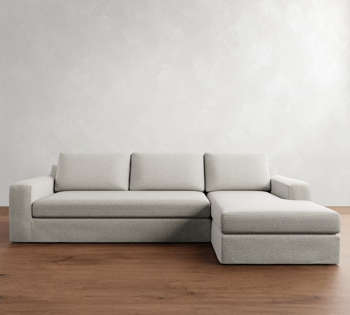 Big Sur Square Arm Slipcovered Right Grand Sofa with Wide Chaise Sectional and Bench Cushion, Down Blend Wrapped Cushions, Performance Everydaylinen(TM) Navy | Pottery Barn (US)