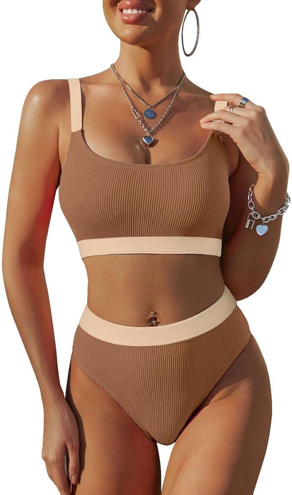 Amazon.com: Lilosy High Waisted Tummy Control Bikini Ribbed Sporty Brazilian Swimsuit Set Women H... | Amazon (US)