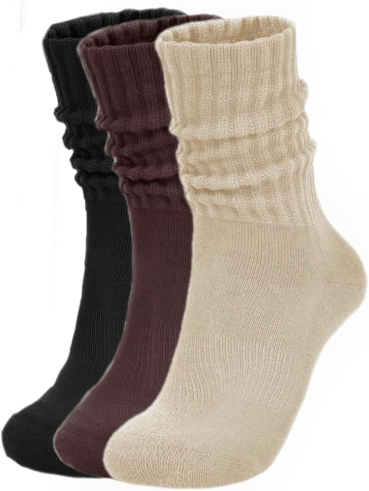 Womens Slouch Socks Cotton Calf Socks Cream Scrunchy Retro Solid Crew Socks | Amazon (US)