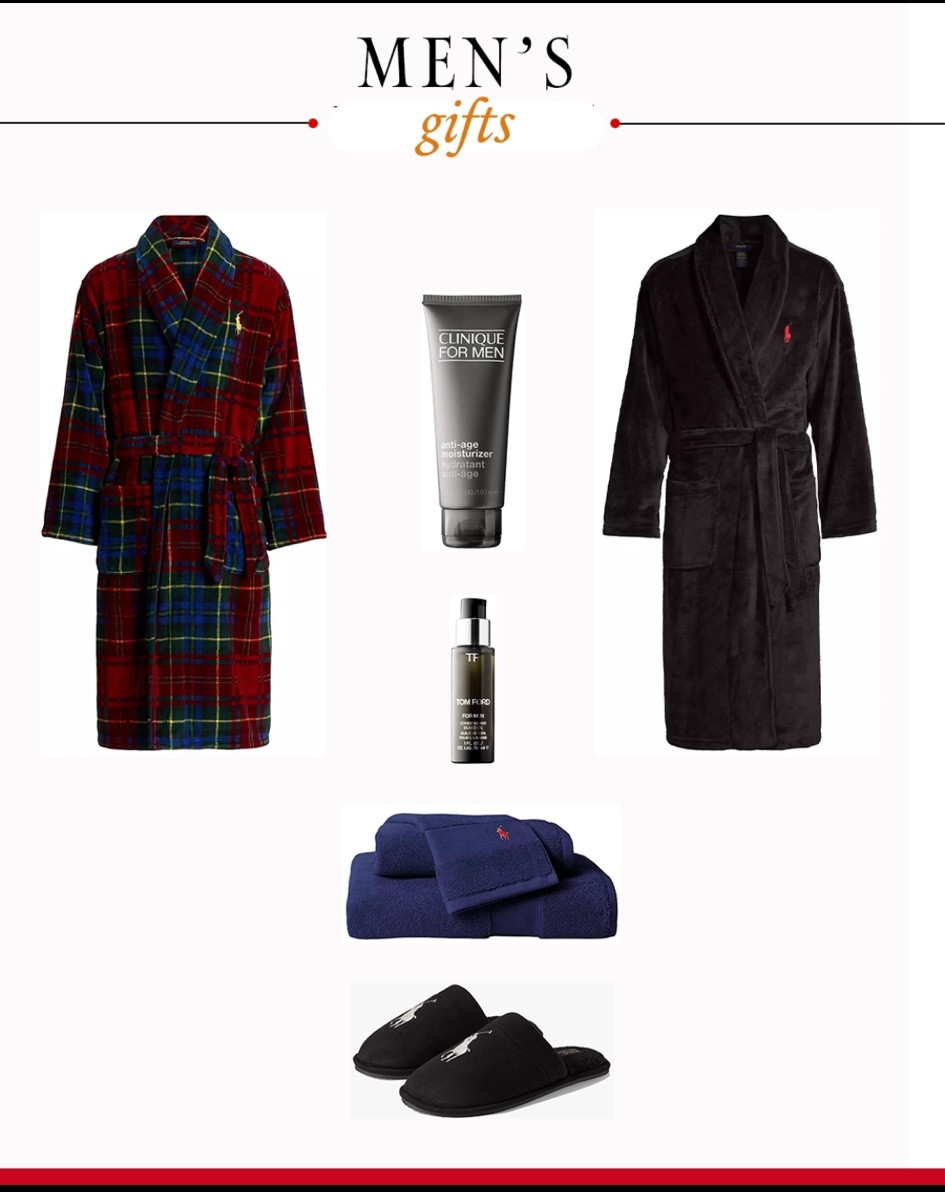 Gift ideas for him

Ralph Lauren men’s robes 
Ralph Lauren men’s towels 
Ralph Lauren men’s slippers 
Men’s skincare 

#LTKmens #LTKGiftGuide