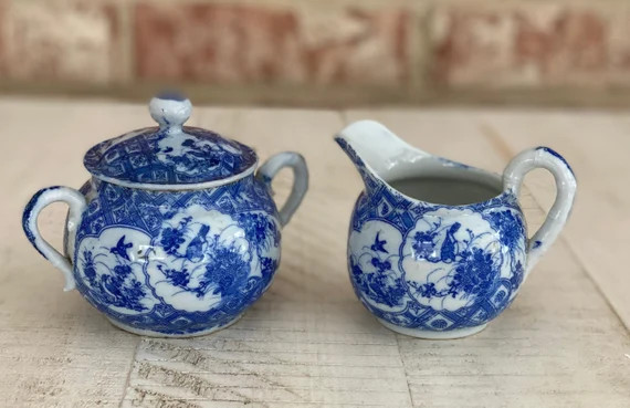 Vintage Blue & White Chinoiserie Sugar and Creamer Set | Etsy (US)