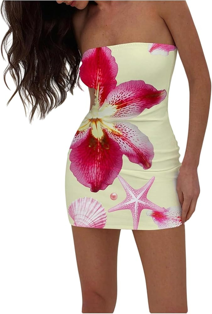 MakeMeChic Women's Floral Strapless Tube Dress Backless Bodycon Y2k Short Dresses | Amazon (US)