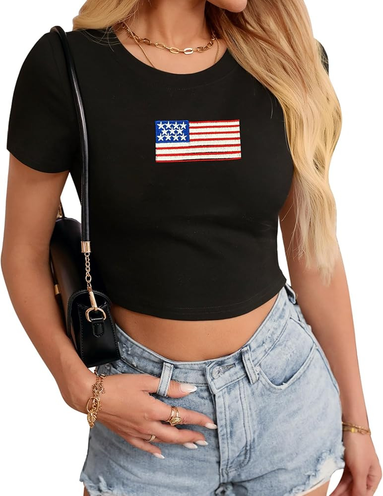 For G and PL Womens 4th of July American Flag Short Sleeve Crop Top Patriotic USA Memorial Day Sl... | Amazon (US)