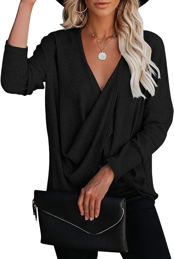 Ermonn Womens Deep V Neck Wrap Waffle Knit Tops Shirts Long Sleeve Sexy Loose Pullover Sweater | Amazon (US)