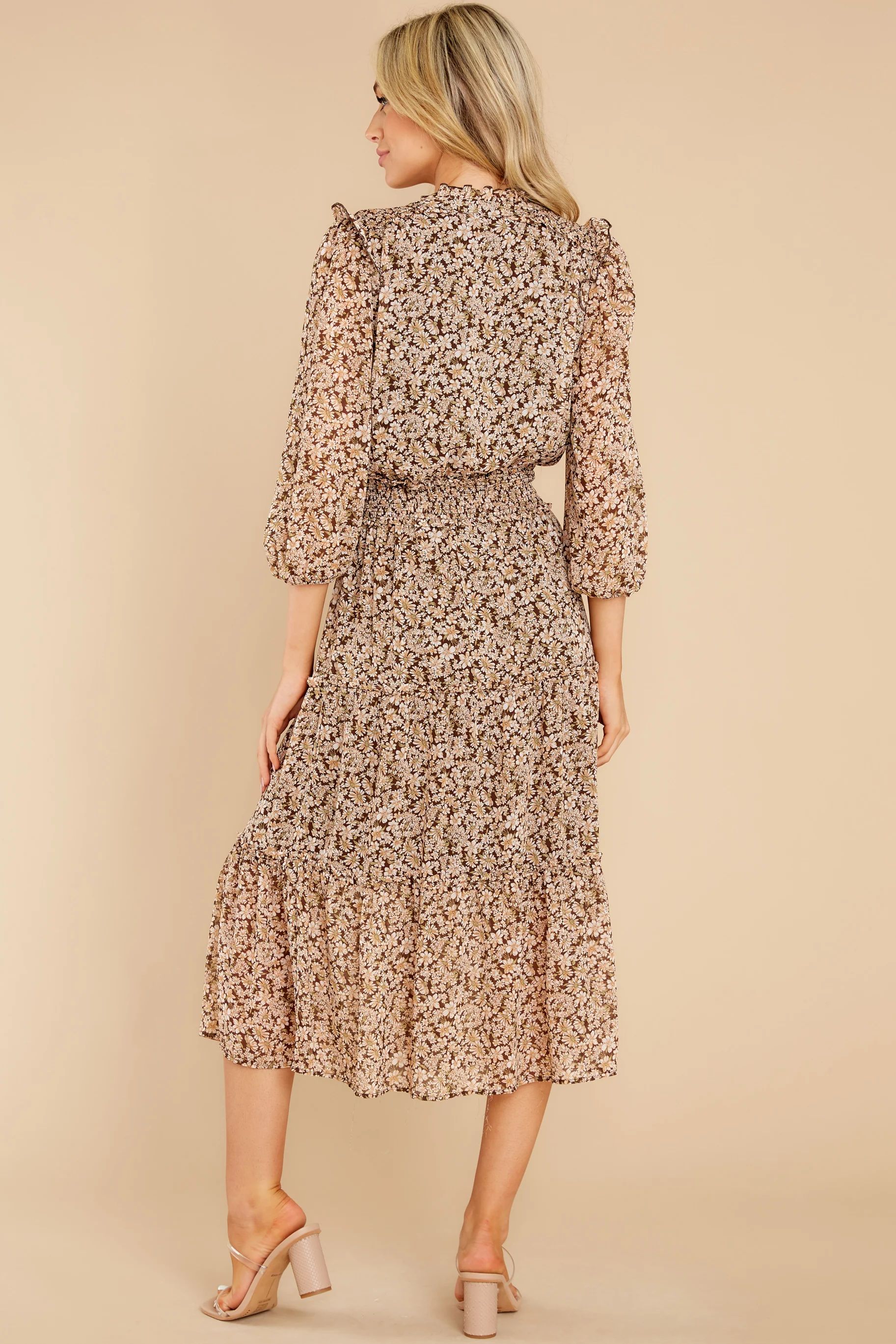 Crunch The Leaves Brown Floral Print Midi Dress | Red Dress 
