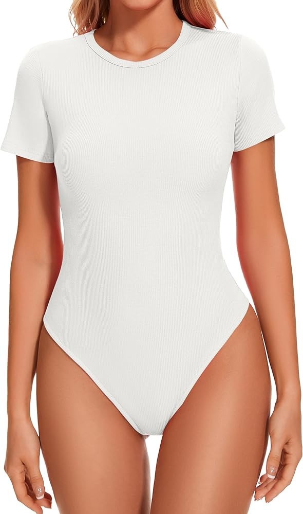 WNEEDU Women's Crew Neck Short Sleeve Bodysuit Basic Casual T Shirt Bodysuit Tops | Amazon (CA)