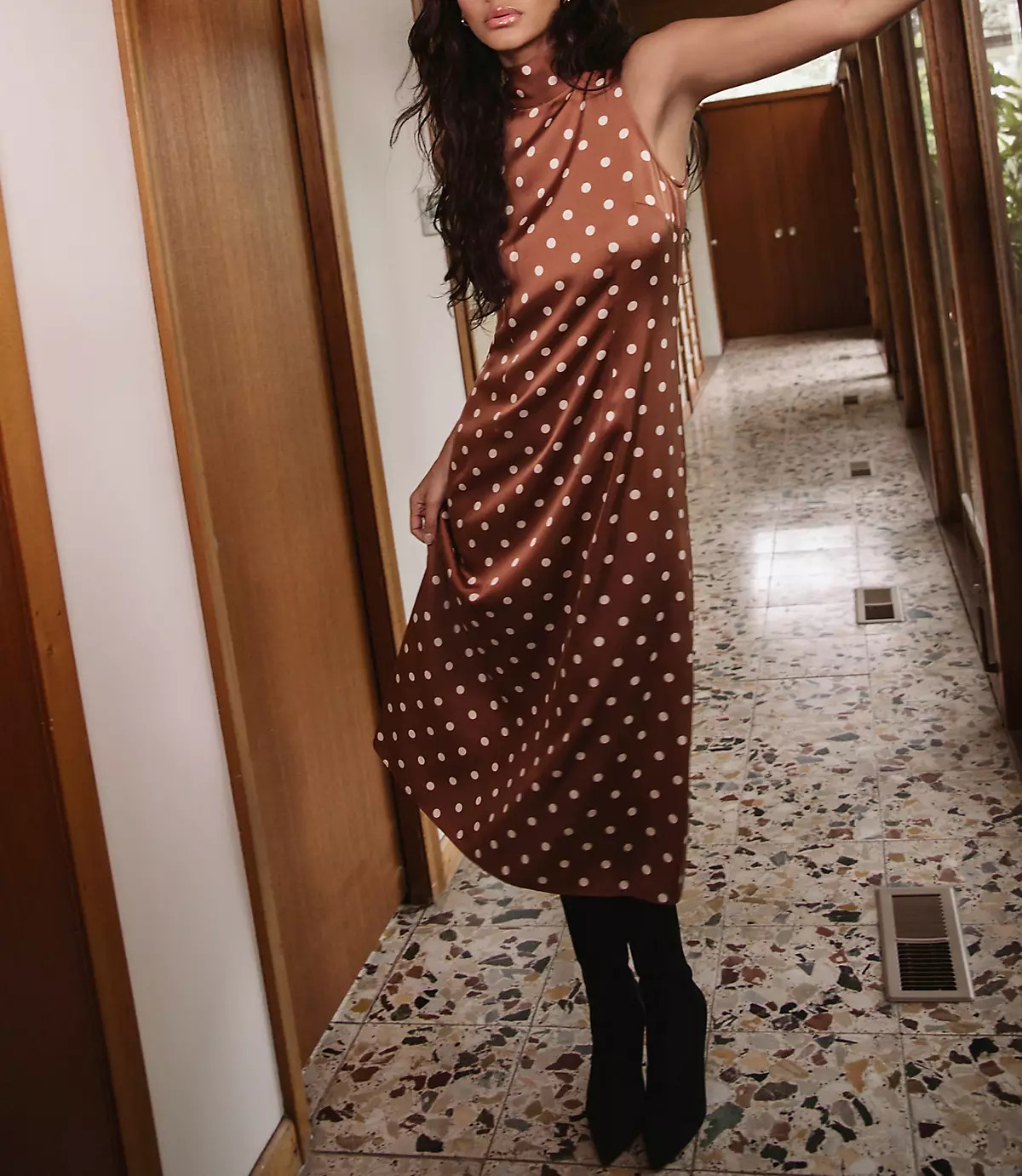French Connection Ennis Satin Polka Dot Midi Dress | LOFT