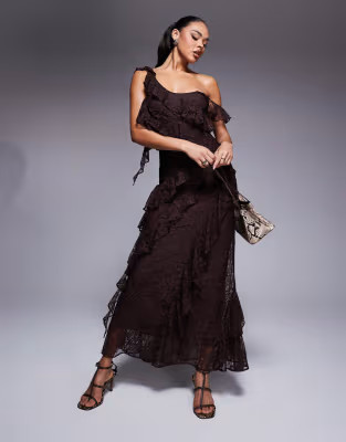 ASOS DESIGN one shoulder mixed lace ruffle midaxi dress in chocolate brown | ASOS (Global)