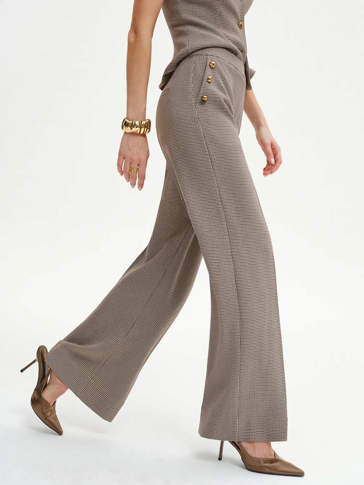 Houndstooth Metal Detail Mid-Waist Pants | Commense