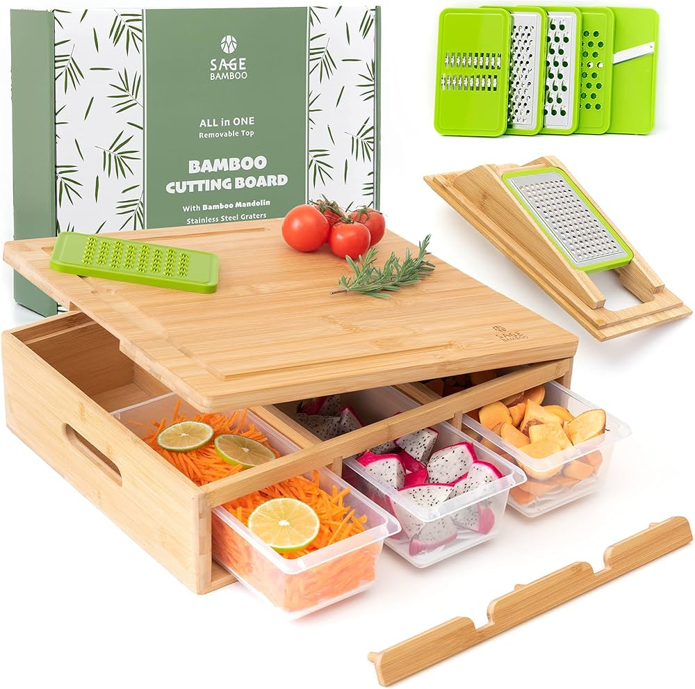 Sage Bamboo - Cutting board with containers - The tidy way for meal prep - Adjustable Mandolin sy... | Amazon (US)