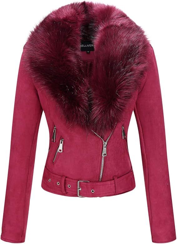 Bellivera Women Faux Suede Leather Jacket Motorcycle Biker Sherpa-Lined Coat with Detachable Fur Col | Amazon (US)