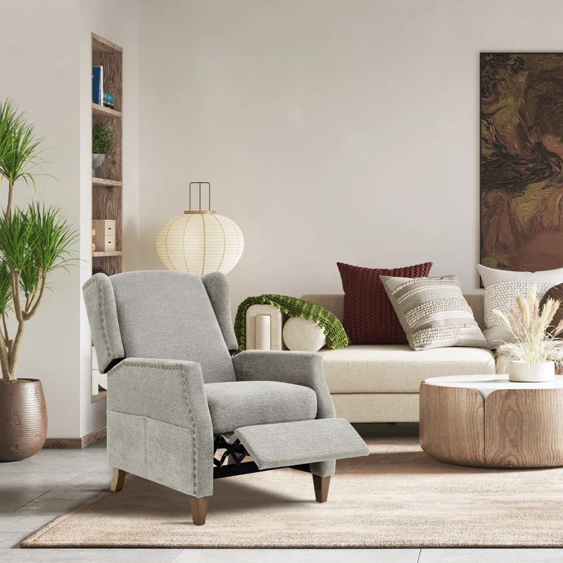 Nail-head Upholstered Push Back Recliner With Storage Pocket | Wayfair North America