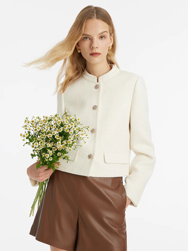 Wool Blend Stand Collar Single-Breasted Women Jacket | GOELIA