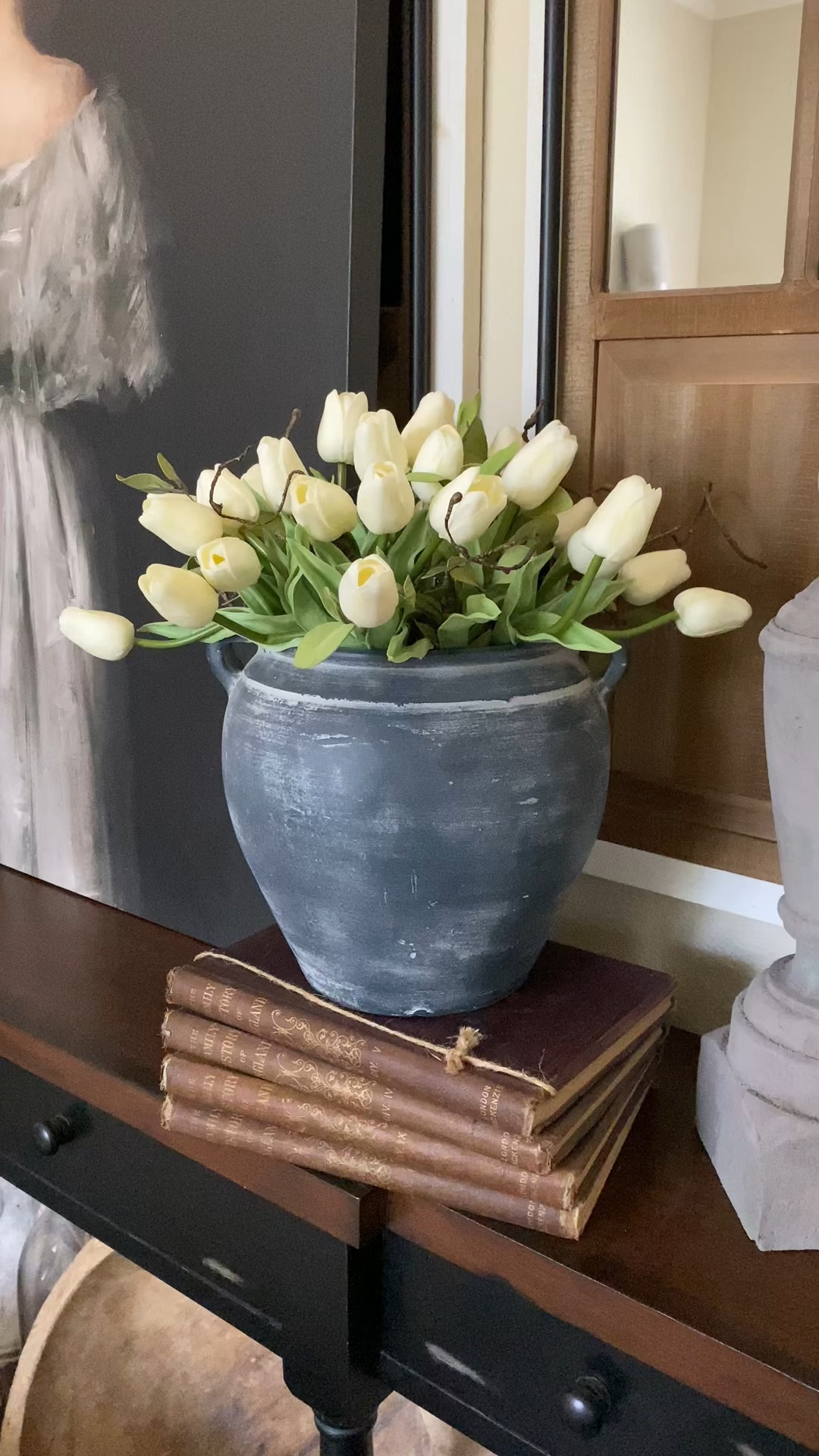 My favorite faux Tulips! 😍 cottagecore french country nancy meyers floral pottery vase vintage books art 

#LTKVideo #LTKHome #LTKFindsUnder50