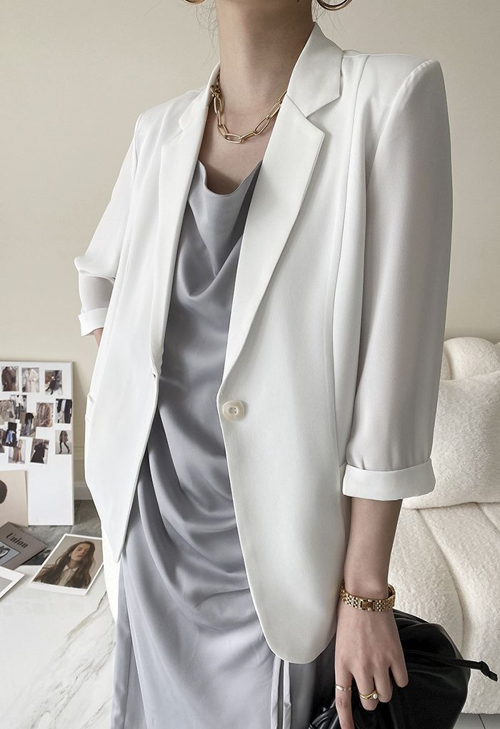 One Button Three-Quarter Sleeve Blazer in White | Chicwish