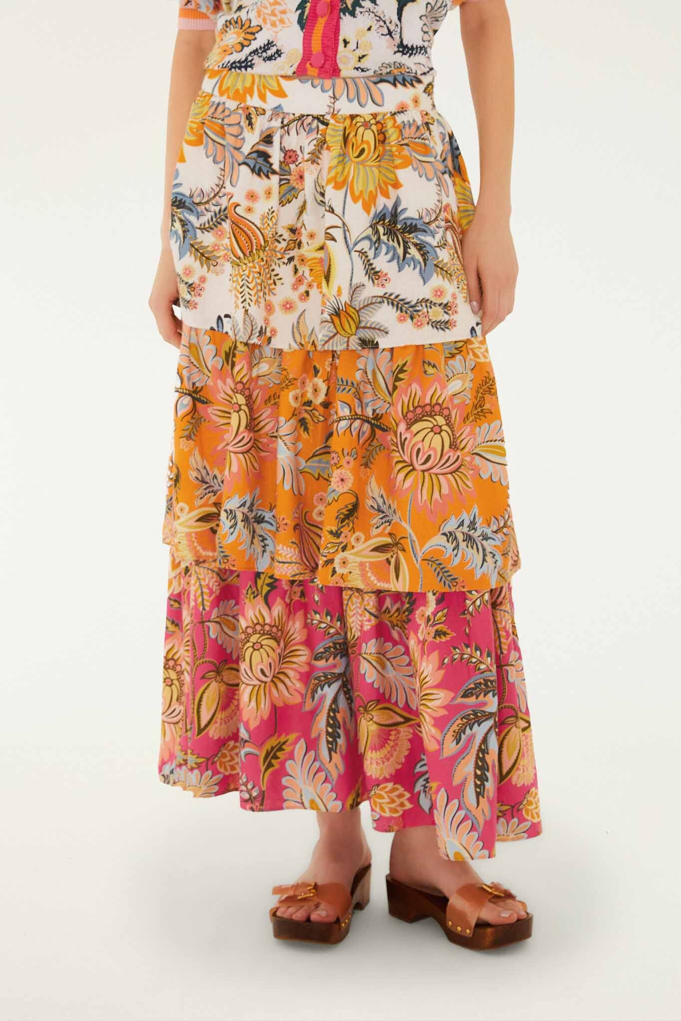Multicolor Ligia Floral Mix Layered Lenzing Ecovero Euroflax Midi Skirt | FARM Rio | FarmRio (US)