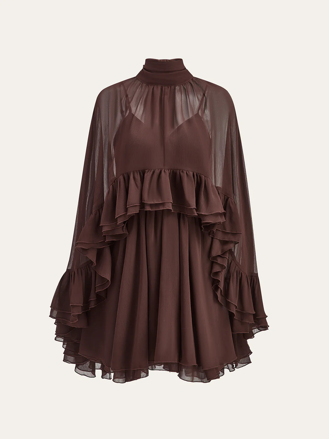 Semi-Sheer Chiffon Ruffle Dress With Outer Cape | Commense