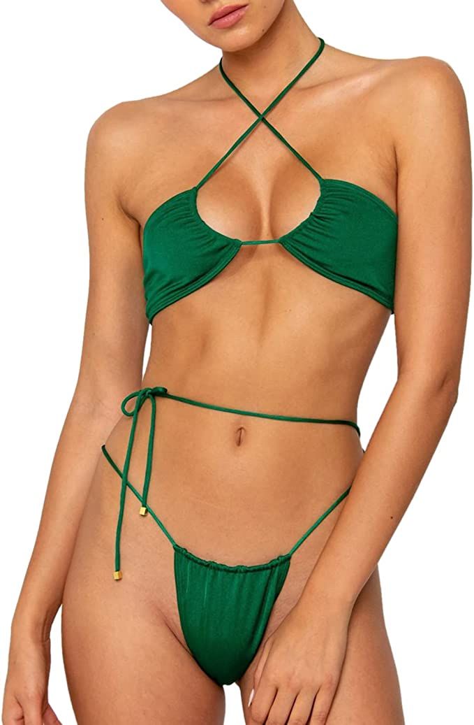 Women Cheeky Bikini Set Halter Thong Solid Color Adjustable Cinched String Two Piece Brazilian Sw... | Amazon (US)