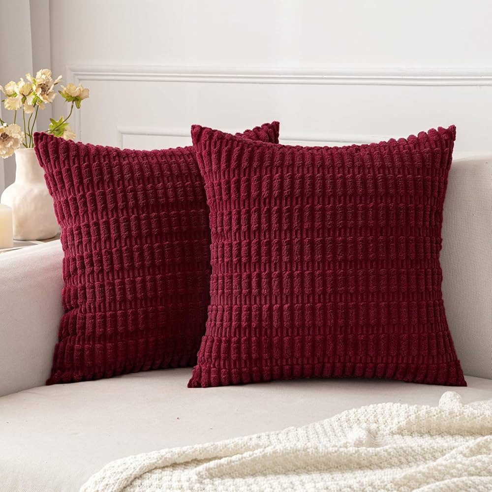 MIULEE Pack of 2 Burgundy Corduroy Decorative Christmas Pillow Covers 20x20 Inch Soft Boho Stripe... | Amazon (US)
