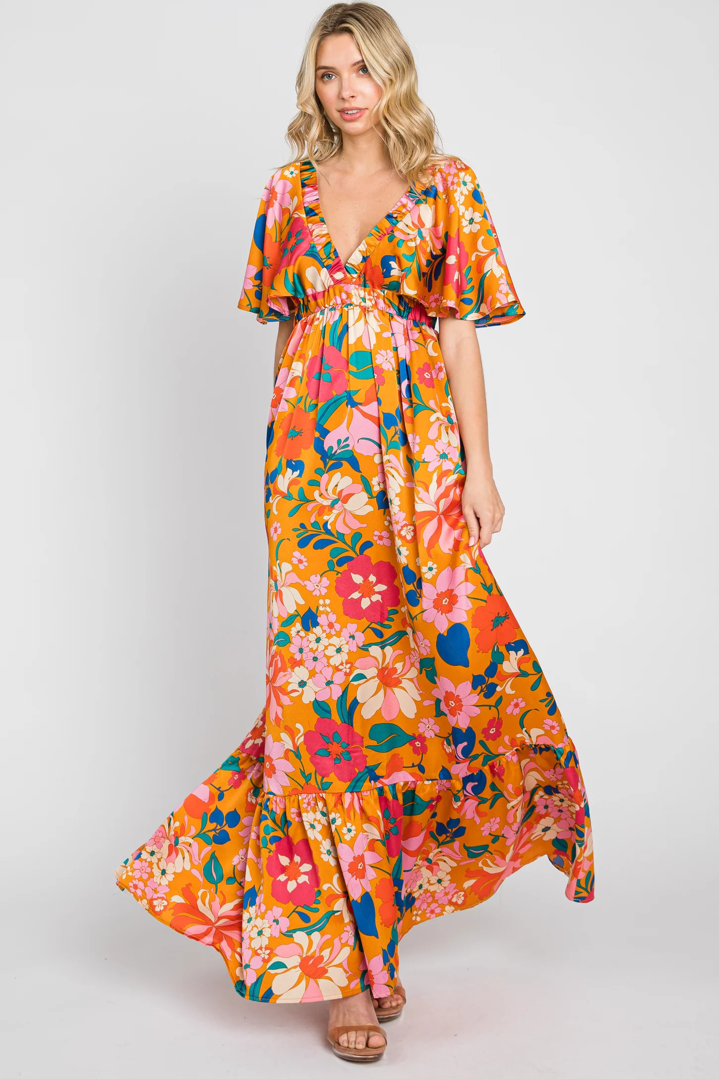 Orange Floral Flounce Sleeve Maxi Dress | PinkBlush Maternity