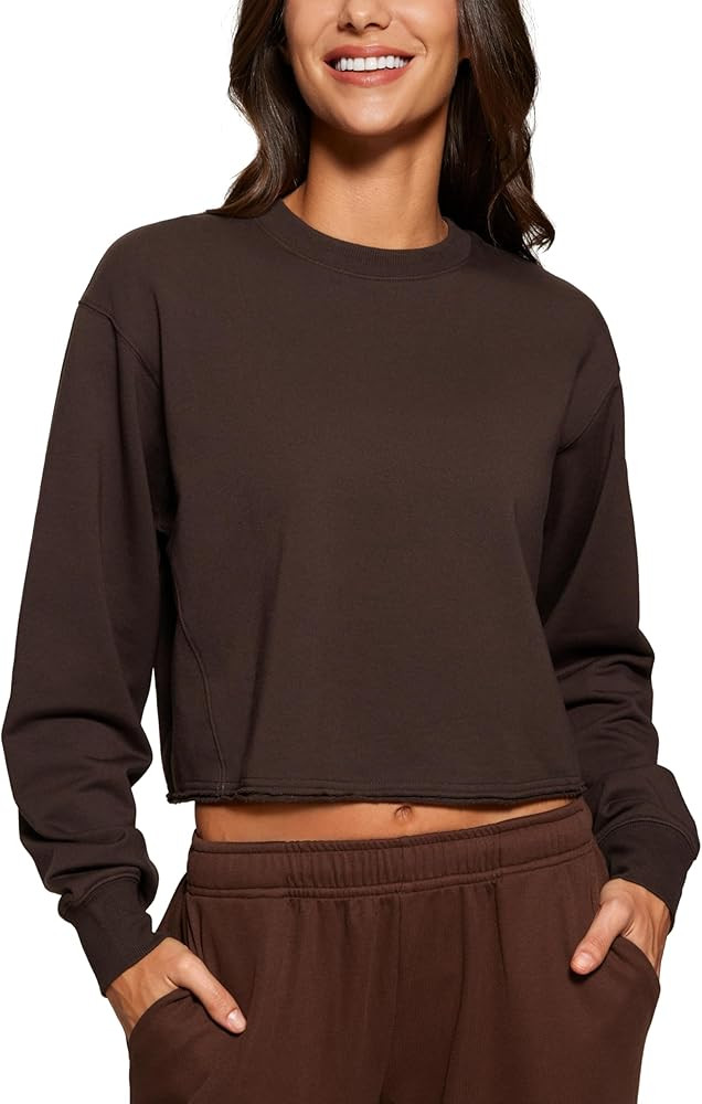 CRZ YOGA Womens Fleece Cropped Sweatshirts Crewneck Long Sleeve Sweat Shirts Double Raw Hem Worko... | Amazon (US)