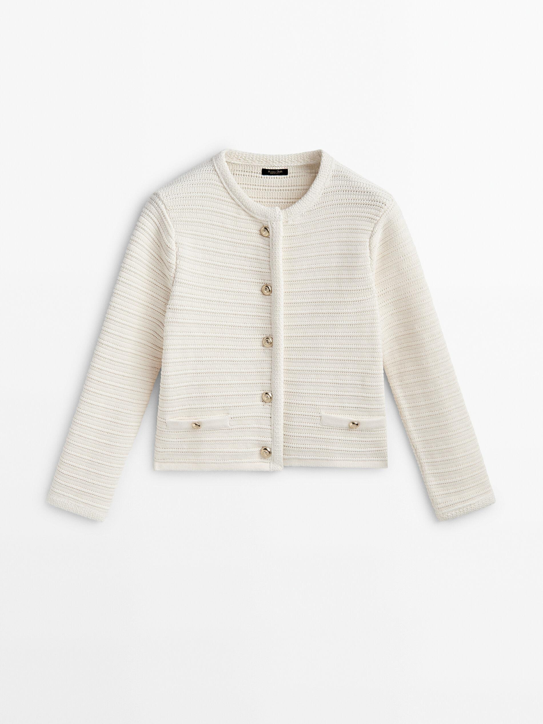 Textured knit cardigan with gold buttons | Massimo Dutti US
