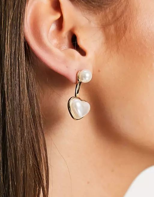 DesignB London pearl heart drop earrings in gold | ASOS (Global)