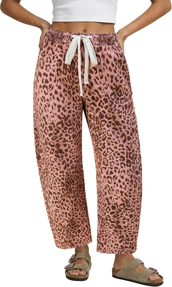 GRAPENT Barrel Jeans for Women Trendy High Waisted Pull On Wide Leg Cropped Leopard Cheetah Print... | Amazon (US)