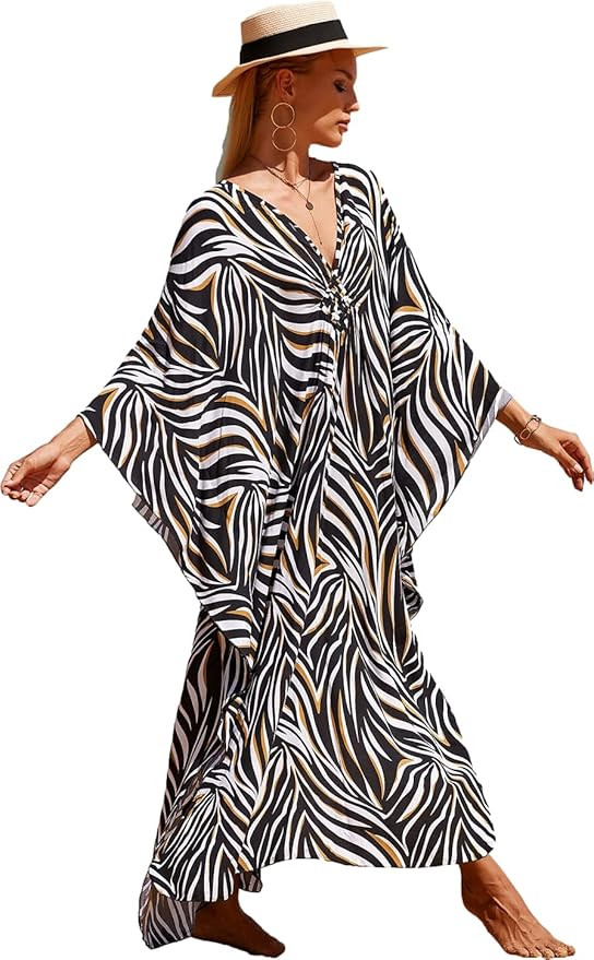RanRui Women Geometric Print Kaftan Dresses Caftans Loungewear with Waist Drawstring | Amazon (US)