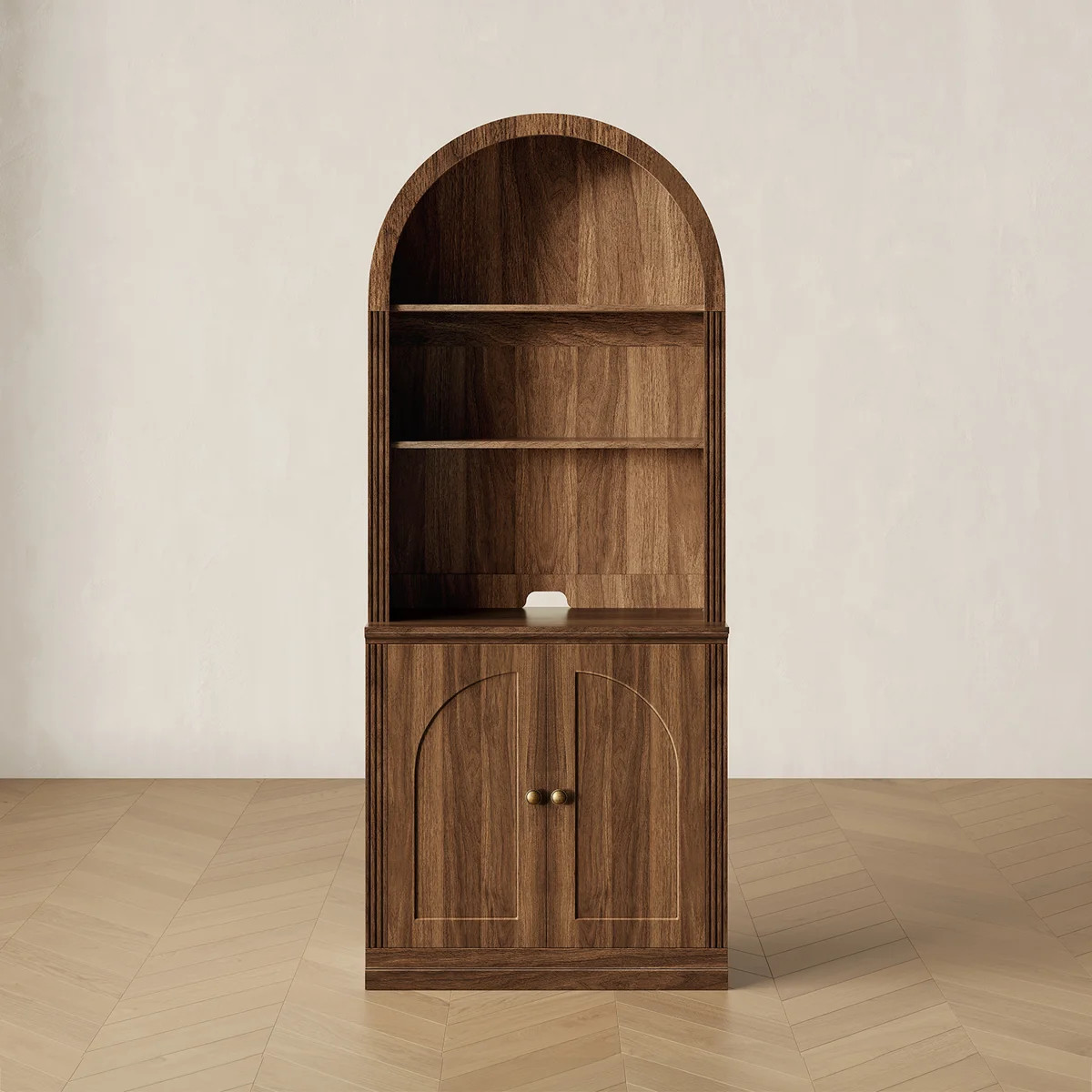 Tall Arched Cabinet With Open Shelves And Doors, Walnut | Wayfair North America