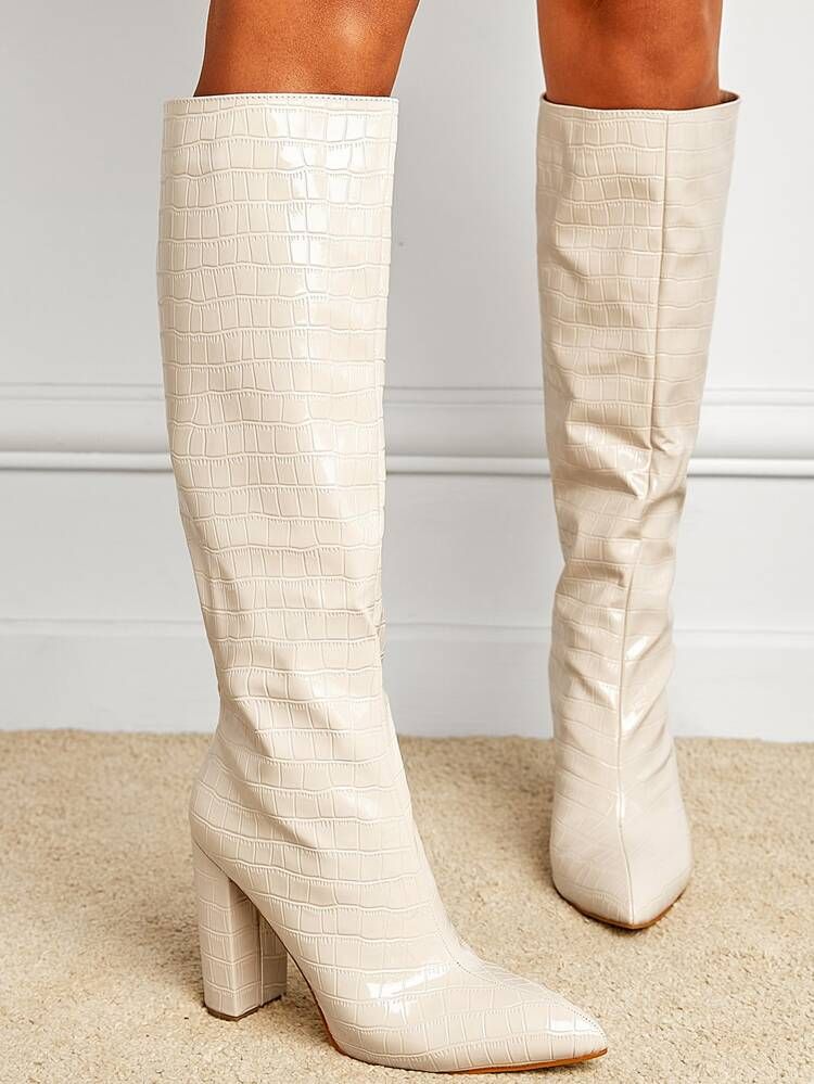 Croc Embossed Chunky Heeled Boots | SHEIN